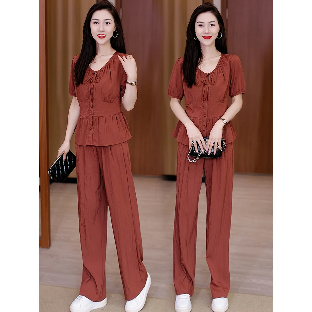 夏季时尚休闲套装女2025今年流行新款小个子洋气减龄阔腿裤两件套