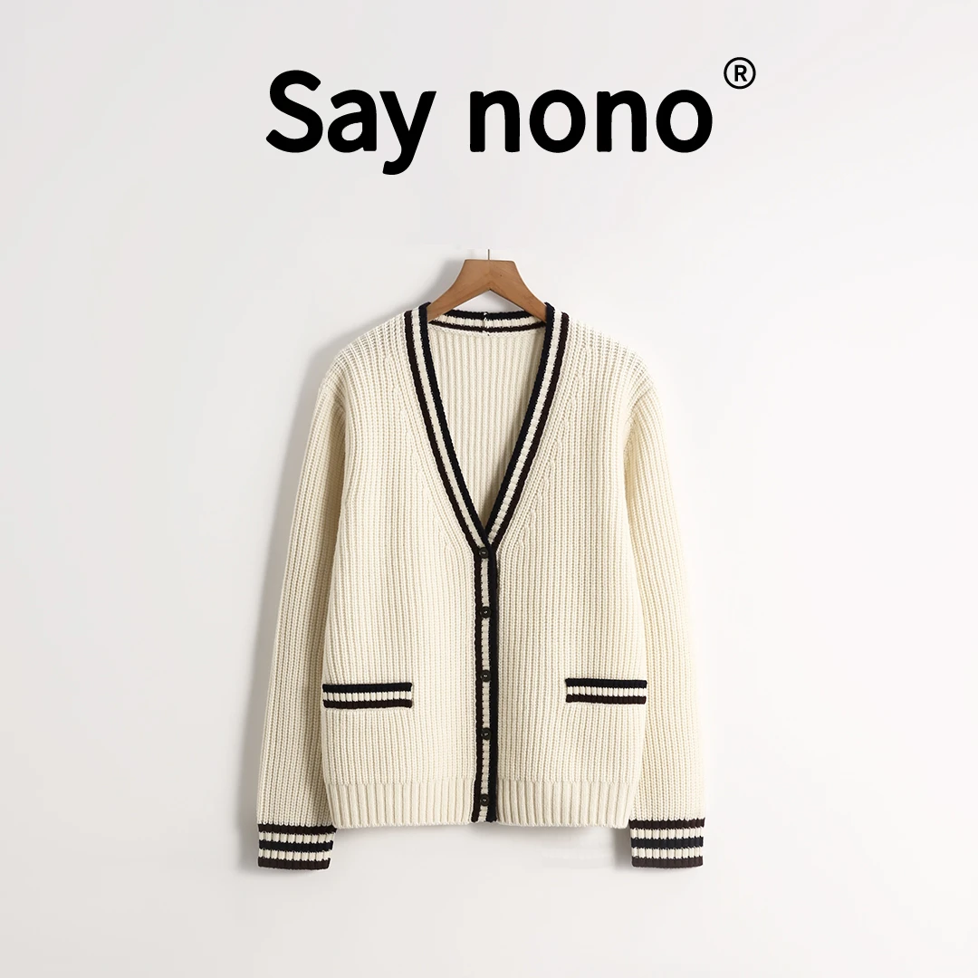 懒猫nono│Saynono V领开衫宽版撞色设计元宝针针织开衫 /T24237