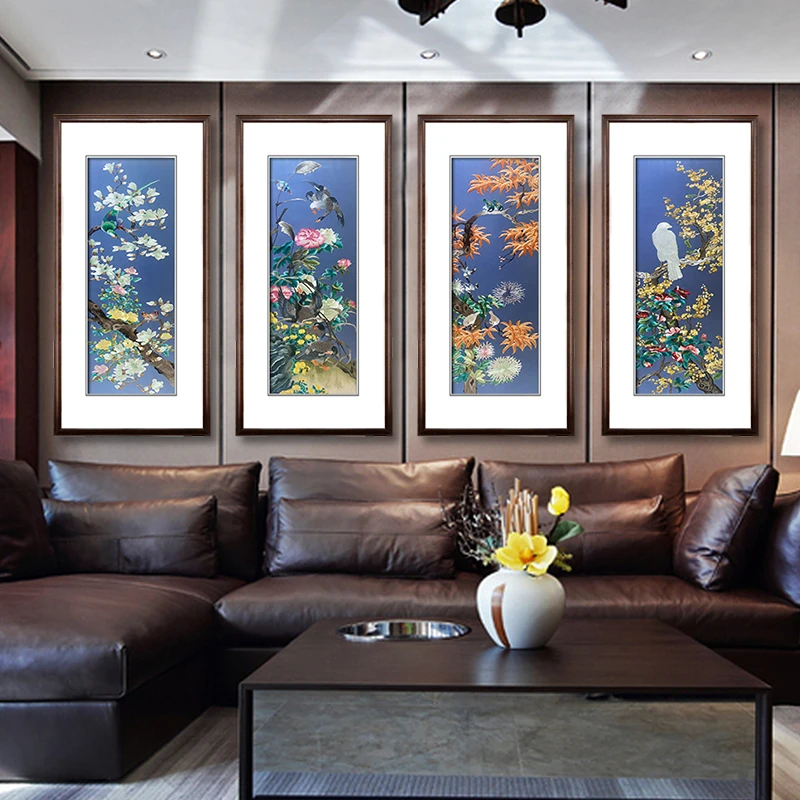 纯手工蚕丝刺绣画苏绣成品挂画客厅新中式装饰画四联幅春夏秋冬