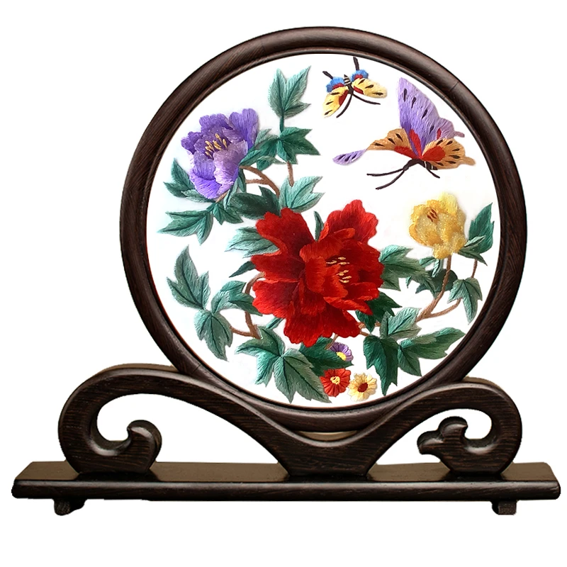 刺绣摆件手工双面苏绣摆台中国风工艺品小摆件新中式桌面牡丹礼品