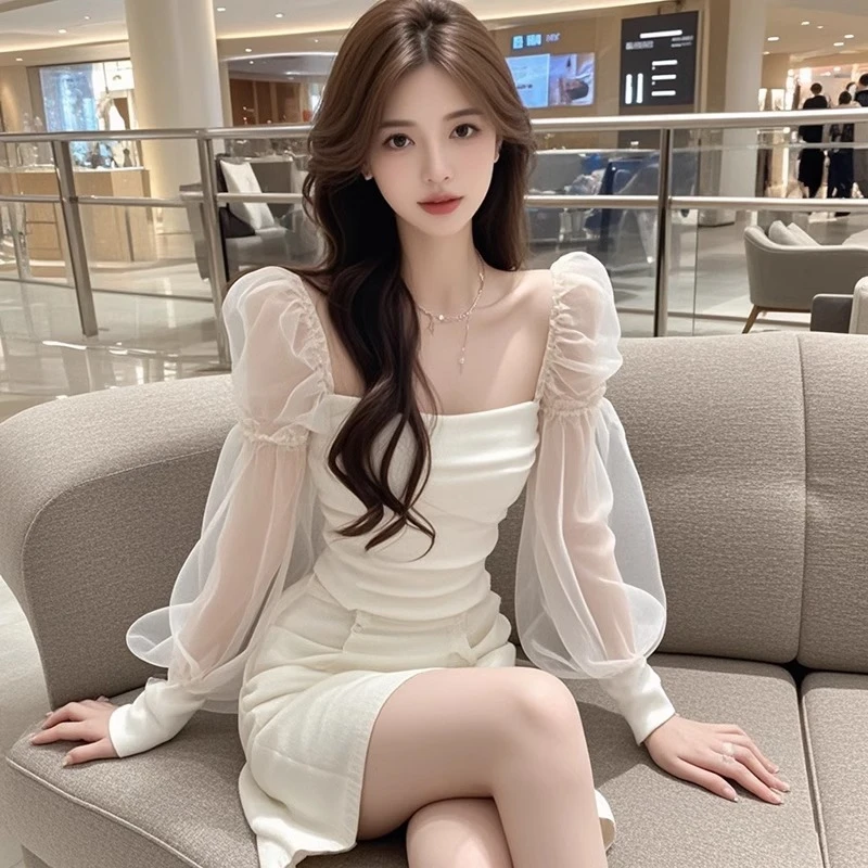 【KEKE】白色方领网纱长袖打底衫女秋季新款小个子显瘦短上衣半身裙