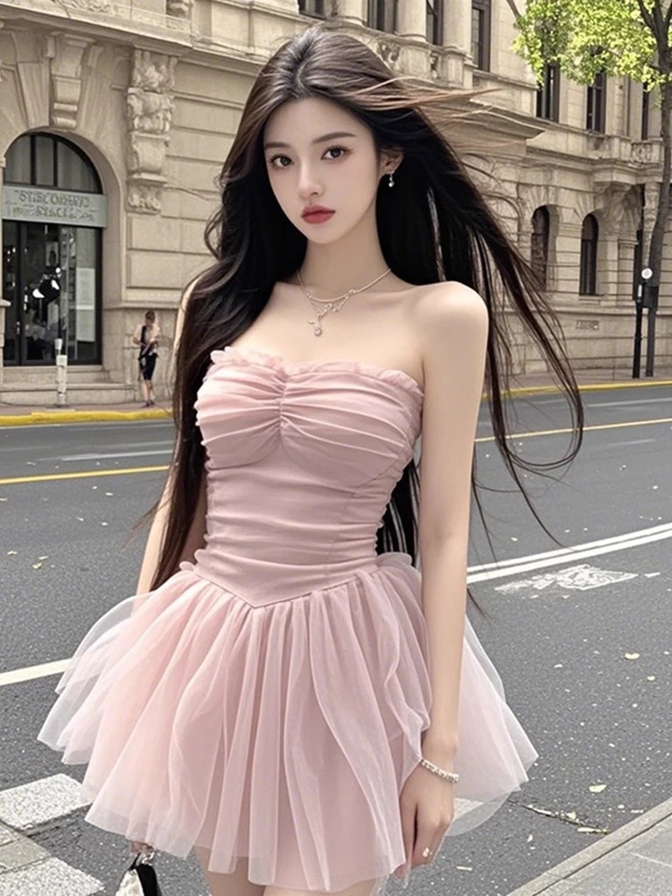 【KEKE】粉色抹胸褶皱蕾丝拼接连衣裙女秋冬季富家千金高端性感短裙