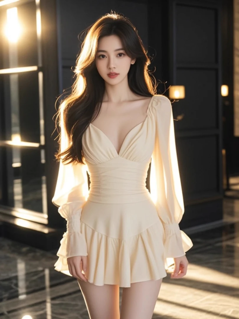 【KEKE】米色低胸性感泡泡袖褶皱连衣裙女2024新款钓系清纯收腰短裙