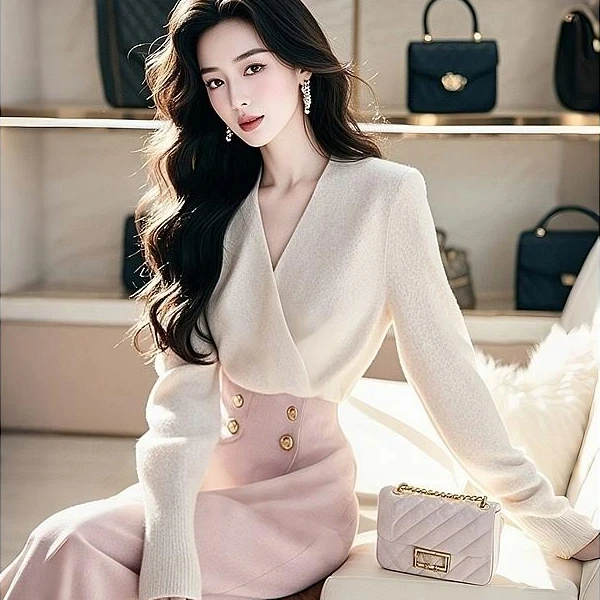 【KEKE】冬季搭配轻奢套装独特绝美女装小香风白色针织毛衣半身裙子