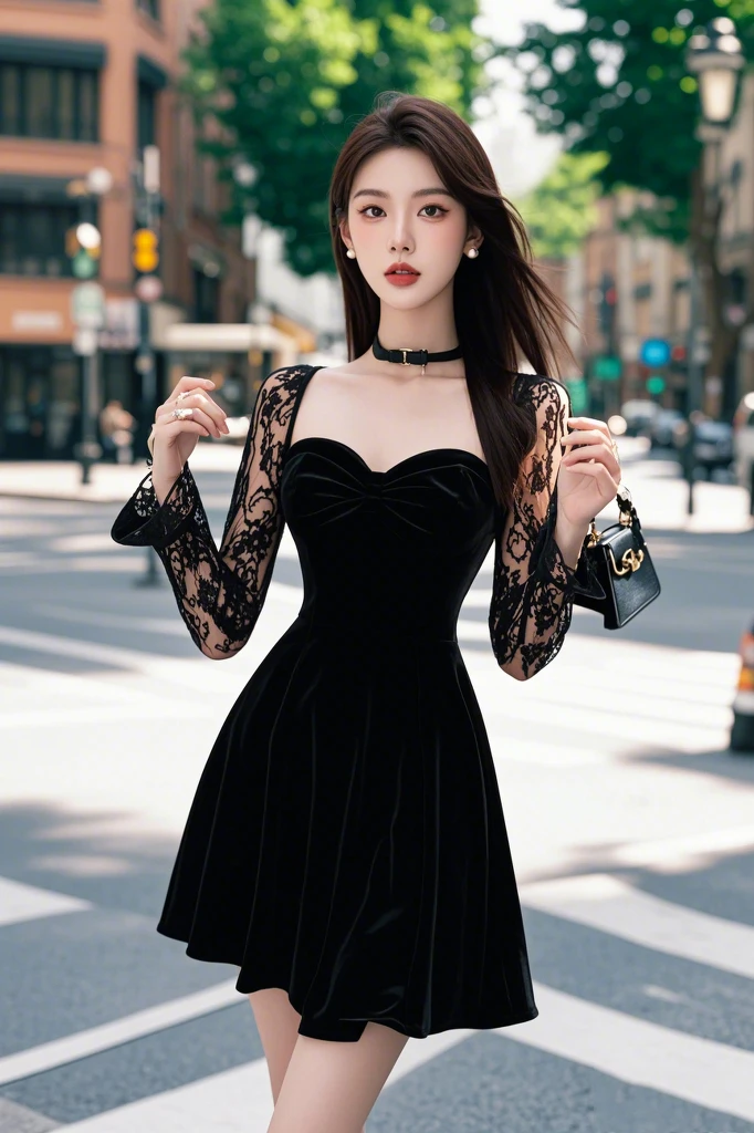 【现货】小黑裙法式气质名媛生日小礼裙蕾丝方领丝绒连衣裙秋冬新款