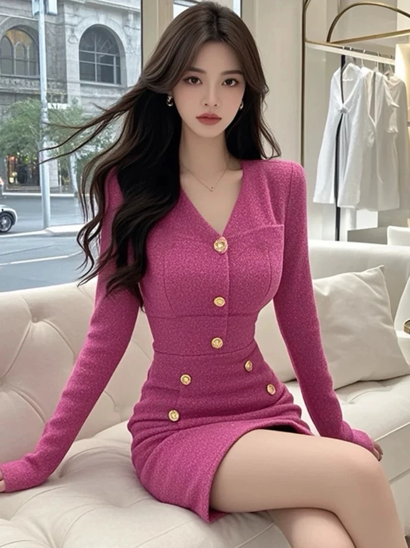 【KEKE】小香风排扣v领长袖连衣裙女2024秋冬新款收腰显瘦包臀短裙