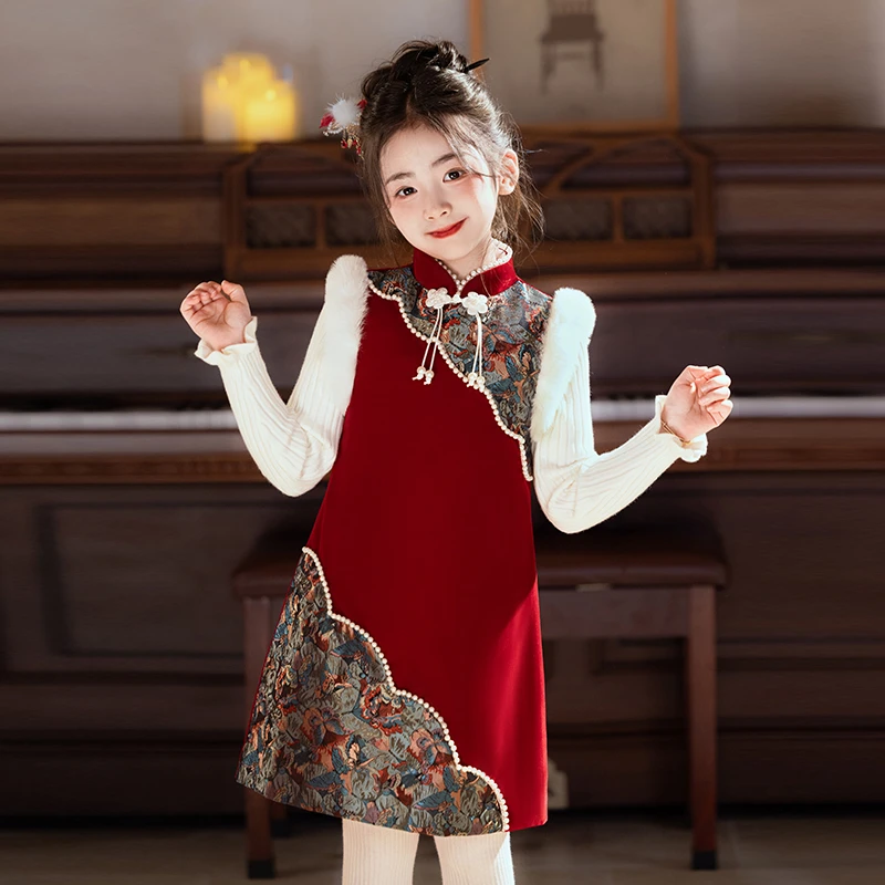 xhg2218女童新款旗袍冬款夹棉加厚裙子小女孩保暖软糯连衣裙子