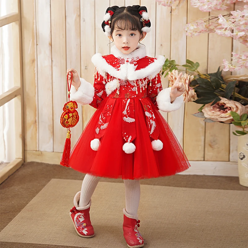 女童汉服古装新款加绒保暖公主裙中国风唐装中小女孩连衣裙子A361
