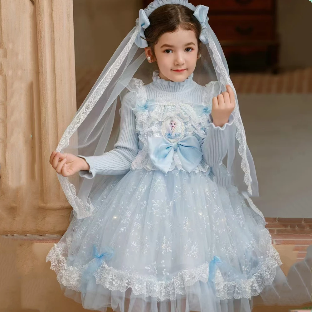 艾莎毛衣裙头纱女童秋冬新品长袖洛丽塔网纱公主裙女童连衣裙长袖