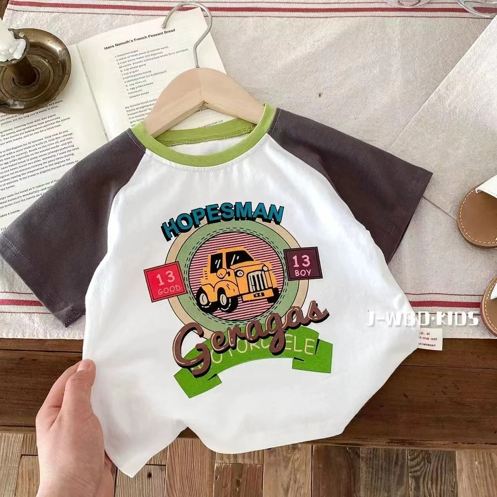 纯棉儿童夏季短袖T恤新款男女童圆领撞色插肩拼接洋气宝宝上衣t恤