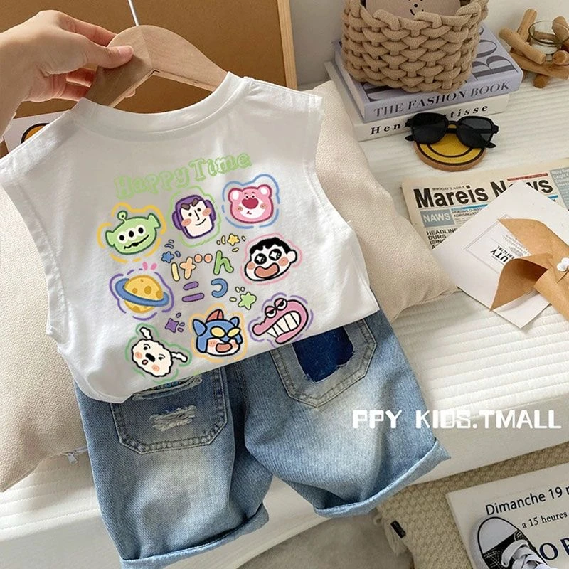 纯棉男女童无袖T恤夏季新款儿童装百搭卡通印花宝宝背心休闲上衣