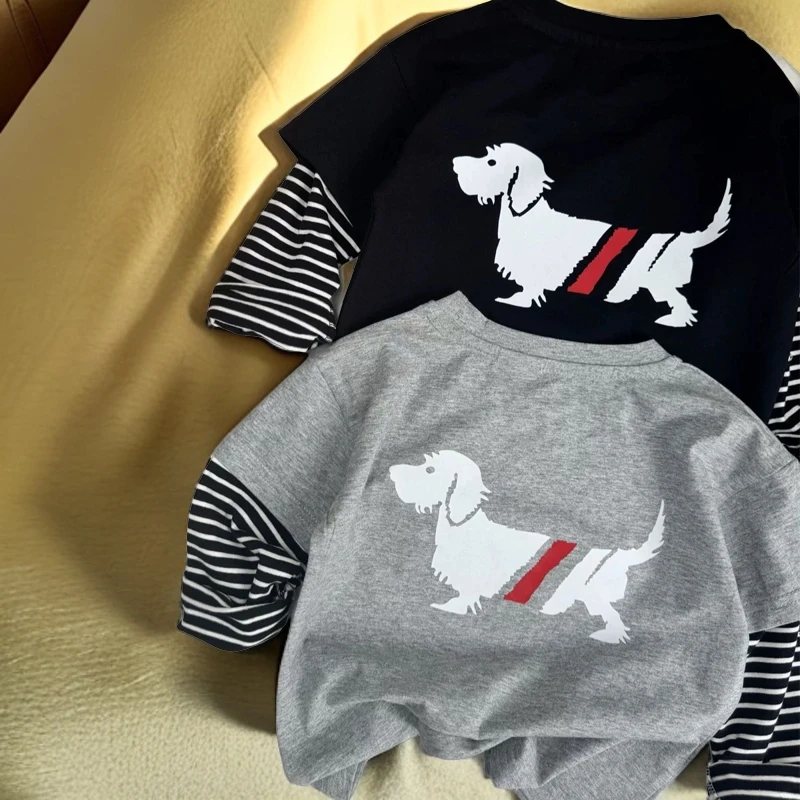 儿童长袖t恤假两件男女童小狗印花纯棉上衣宝宝秋装打底衫卡通潮T
