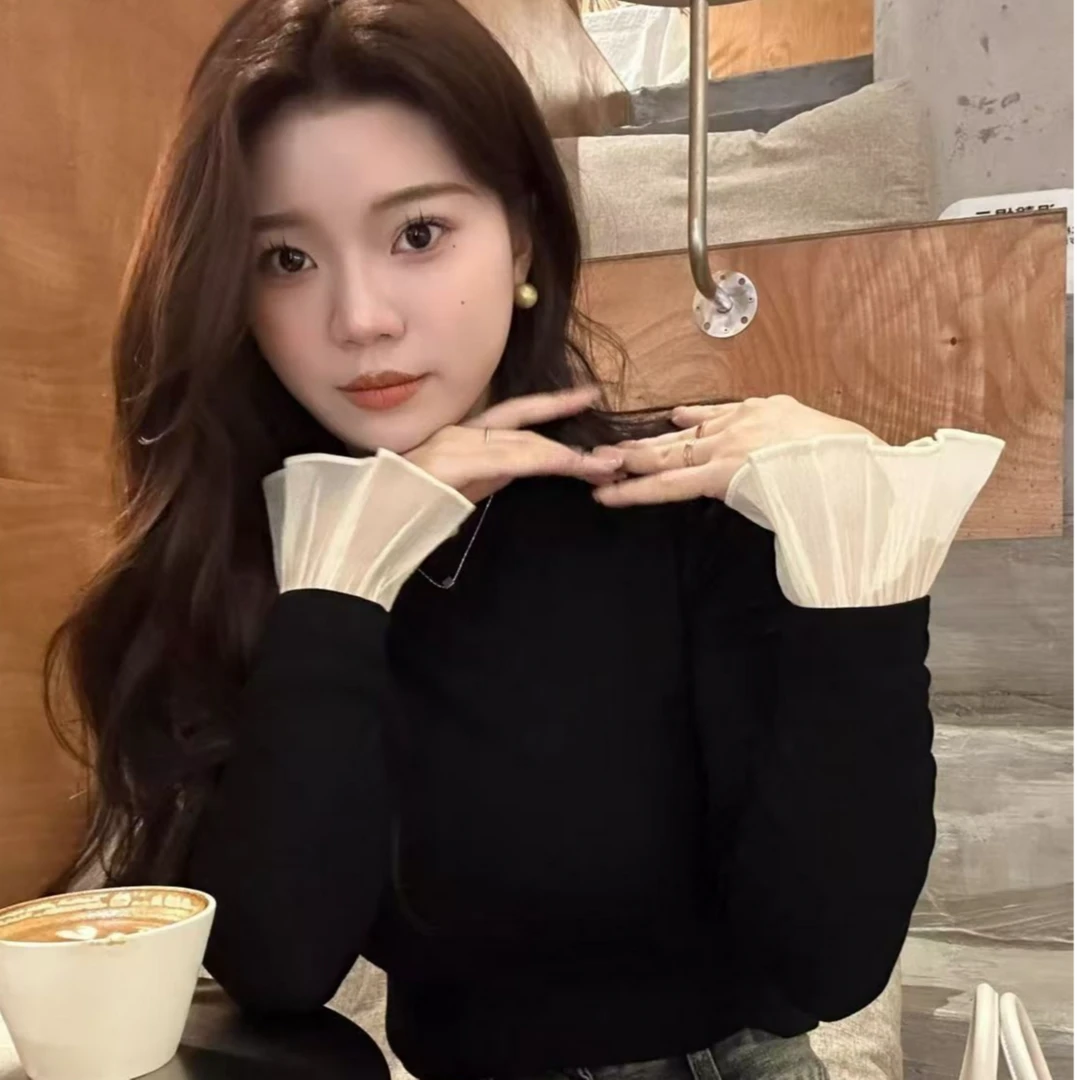 辣妹风圆领拼接长袖T恤女秋冬2024新款气质修身显瘦打底衫上衣ins