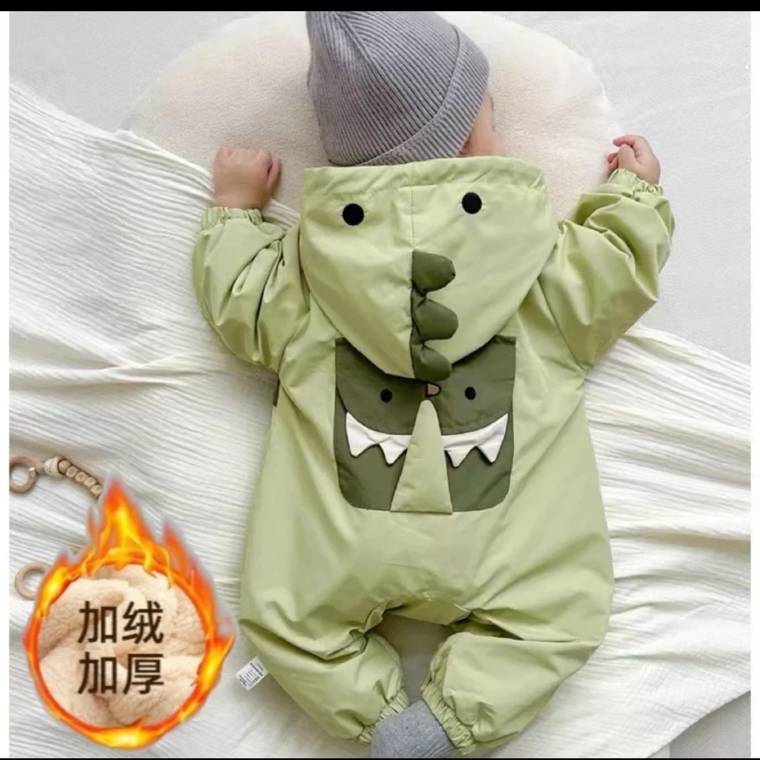 加绒夹棉小恐龙2024新款婴幼儿男宝宝冬季棉服连体衣外出服