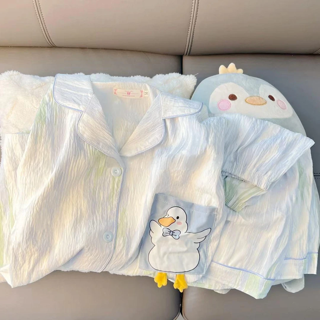 带胸垫睡衣女新款套装2025夏季可爱小白鸭短袖短裤开衫外穿家居服