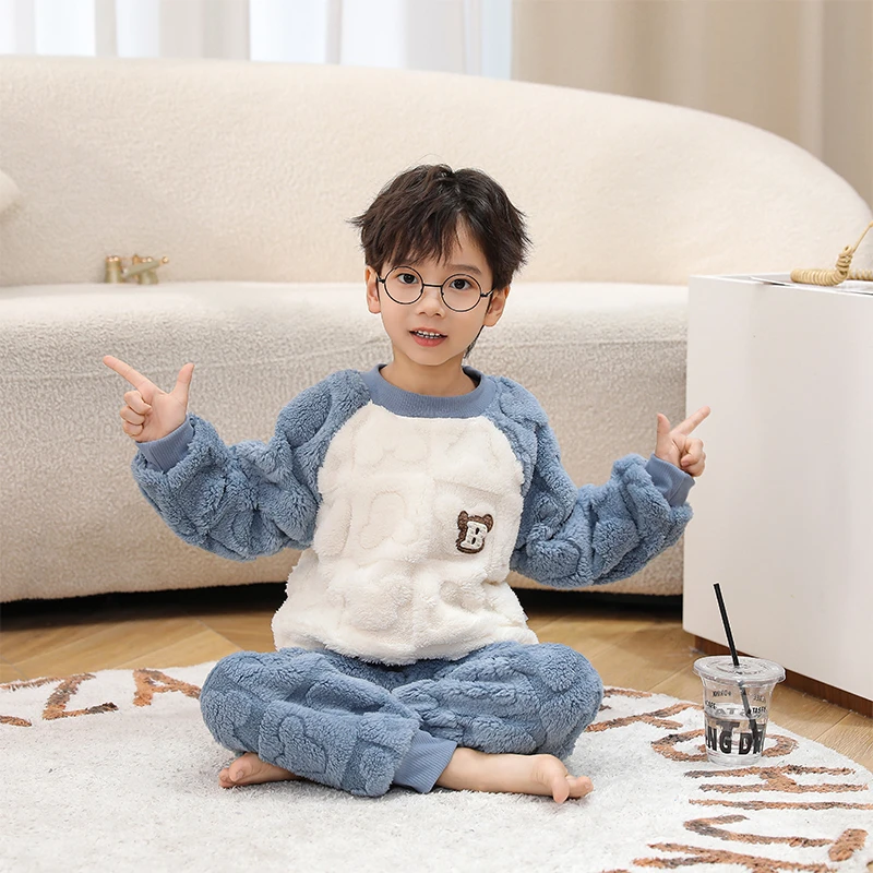 男童法兰绒睡衣秋冬季加绒套装女孩保暖加厚珊瑚儿童宝宝家居服