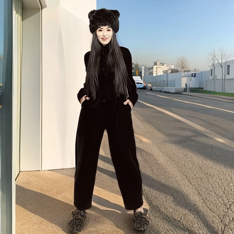 大漂亮家的时尚洋气百搭轻奢黑色丝绒高腰新版萝卜裤棉裤