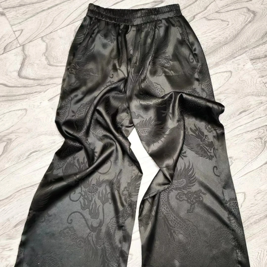 大漂亮家的  女士国风复古休闲黑色宽松龙袍裤