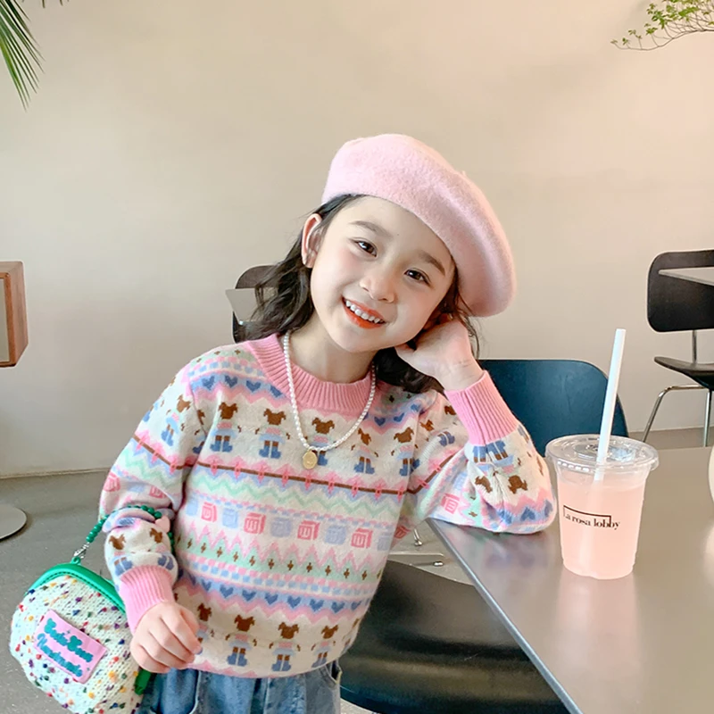 女童圆领毛衣春秋加绒新款儿童长袖上衣中小童时髦针织衫洋气童装