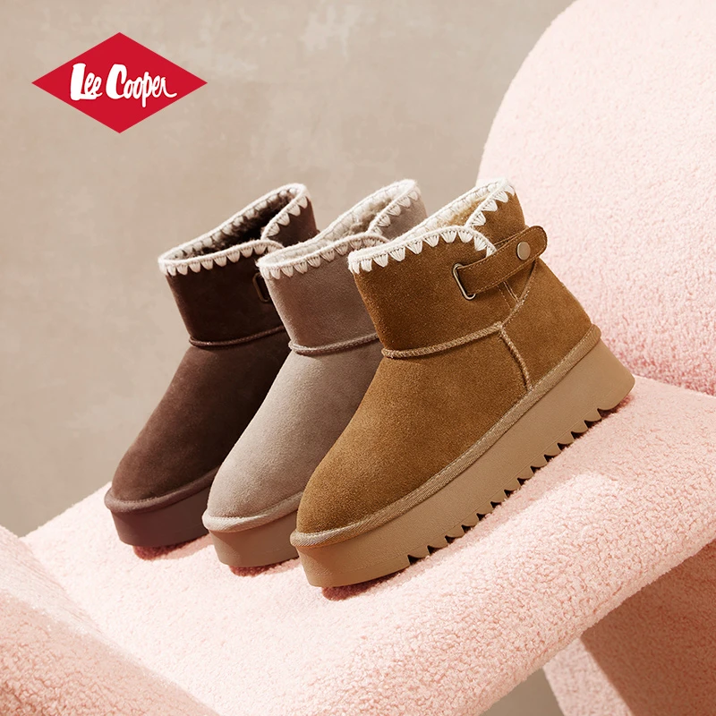 Lee Cooper雪地靴女24冬新款加绒保暖防滑厚底编织扣带真皮短靴
