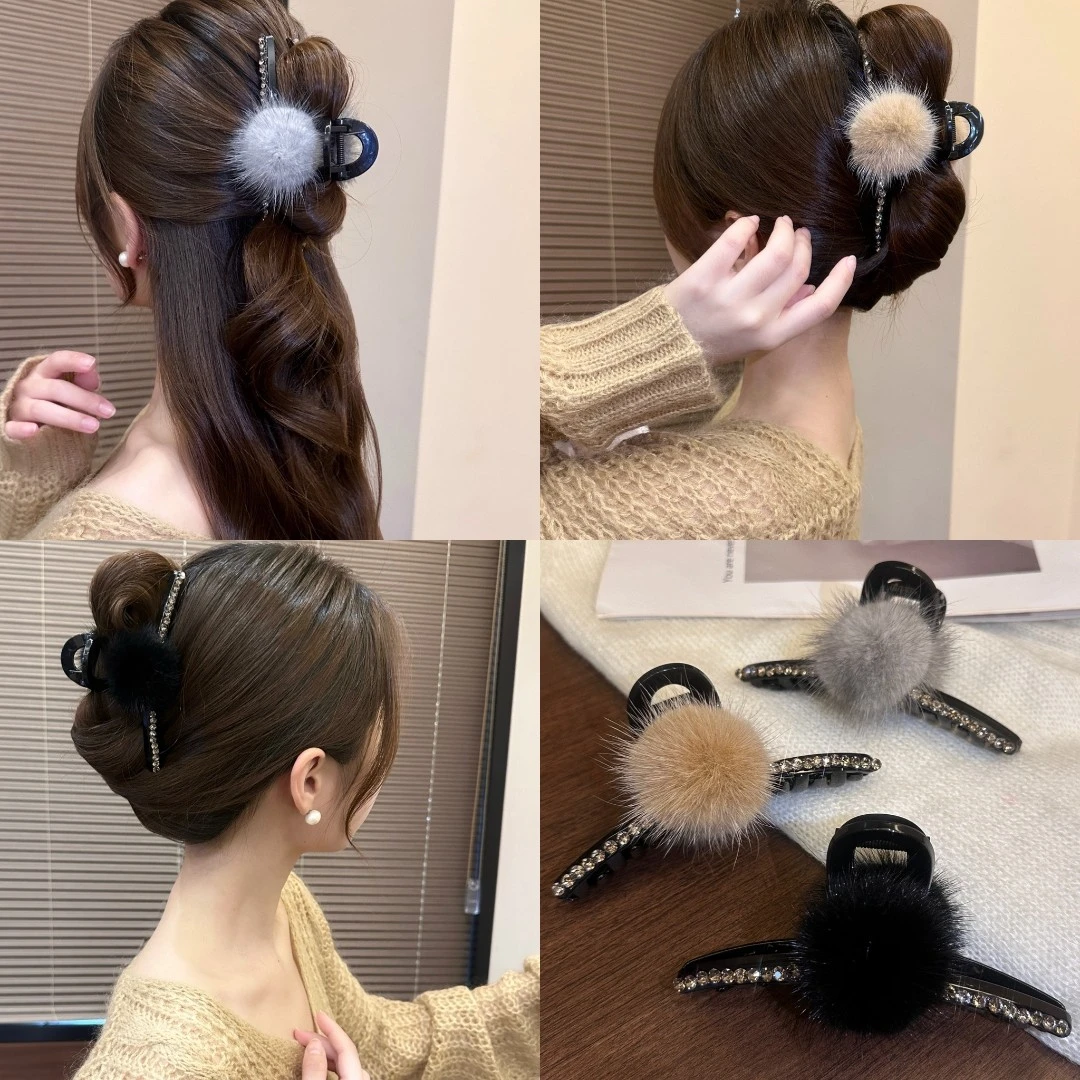 熹金秋冬毛球抓夹头饰女后脑勺大号发夹鲨鱼夹子网红盘发发夹