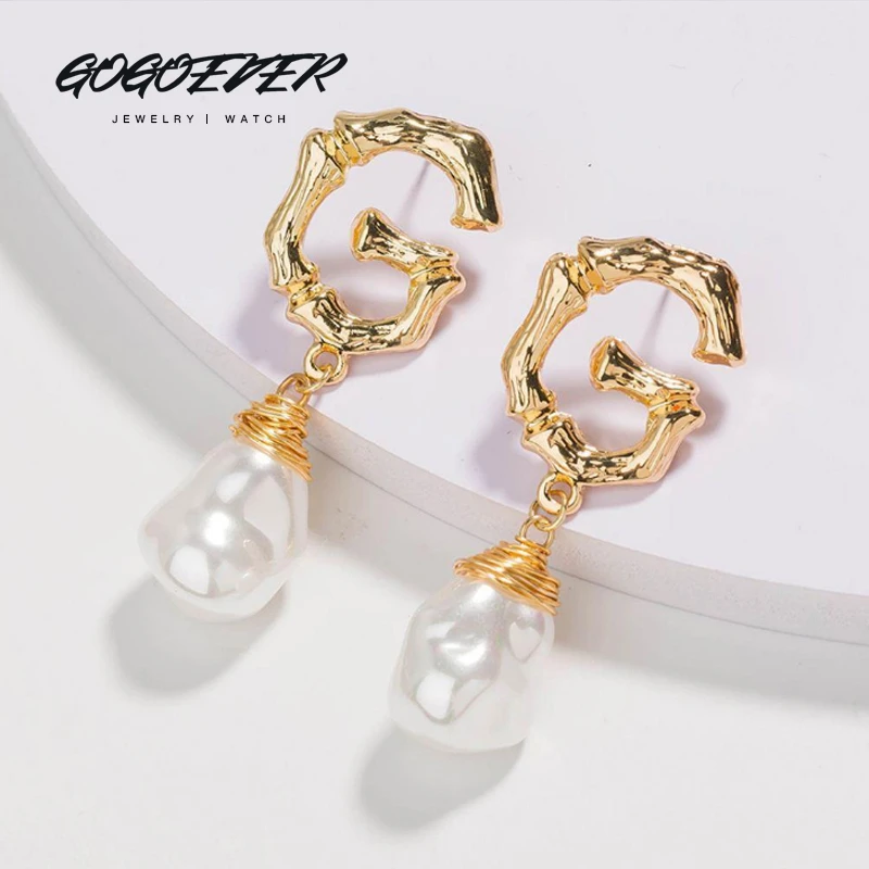gogoever 合金仿珍珠耳饰 欧美时尚字母异形不规则耳环