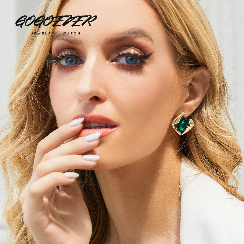 gogoever 铜合金合成锆石耳饰 个性气质锆石耳钉几何高级时尚耳环