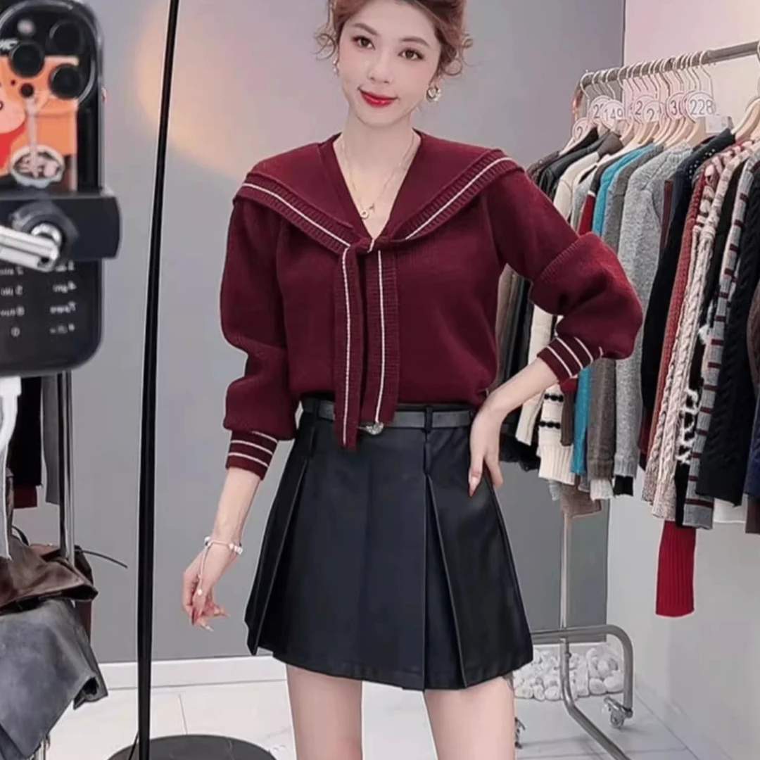 安可拉红海军领针织衫女新款秋冬学院风设计感减龄慵懒风毛衣打底