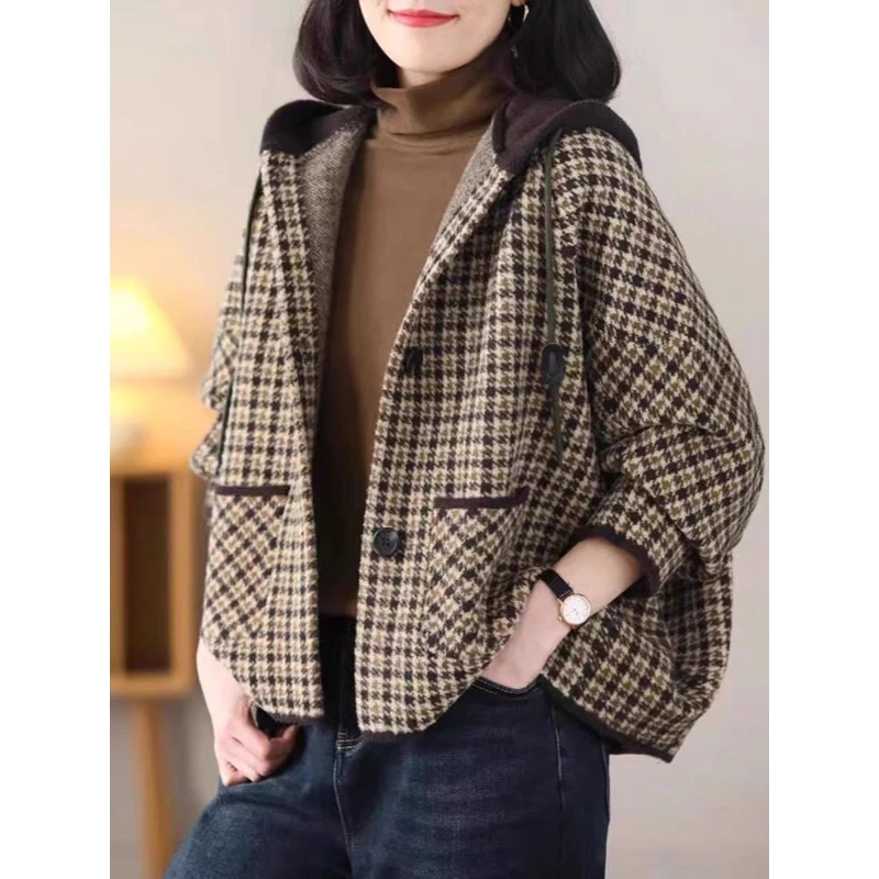 复古休闲宽松连帽格子外套女千鸟格毛呢韩版显瘦蝙蝠袖短款开衫厚