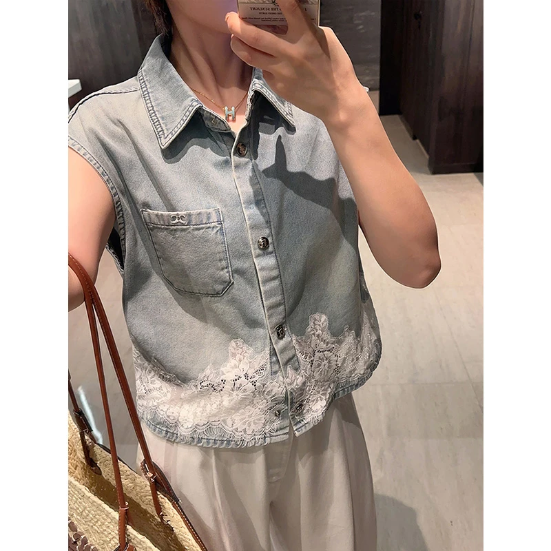 深圳南油李李欧洲站土耳其牛仔马甲衬衫夏季下摆拼接花边蕾丝镂空