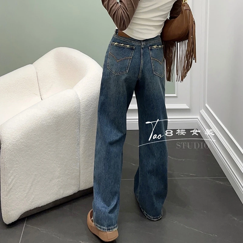 85365花匣子牛仔裤女2023秋季新款深蓝色窄版阔腿裤flower