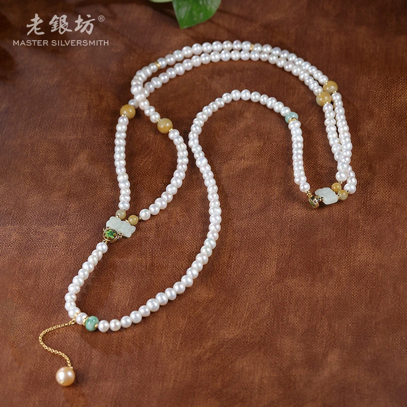 【老银坊】s925银双层珍珠桃花毛衣链 0022812