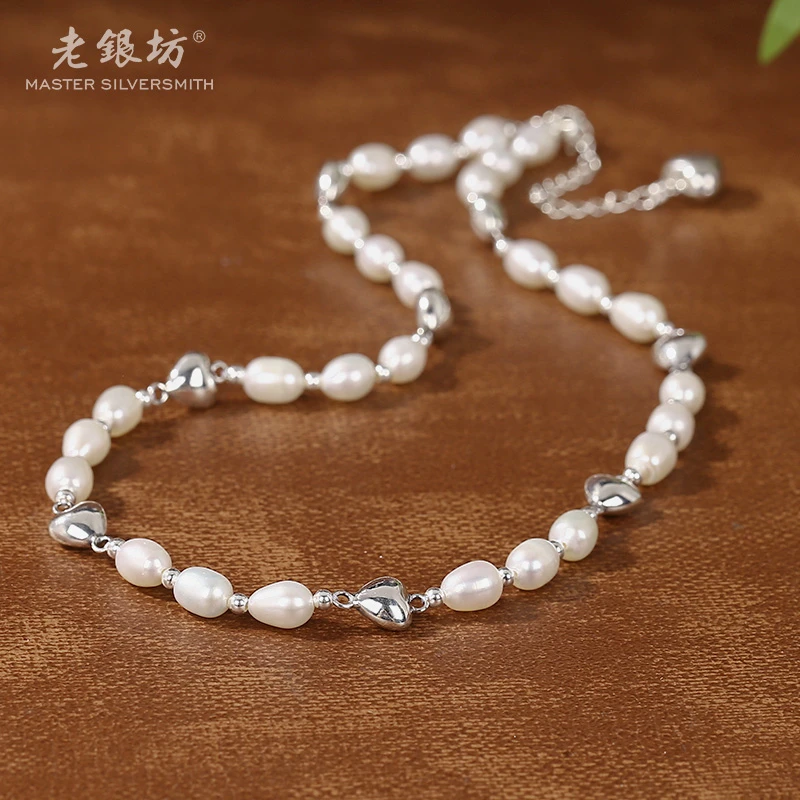 【老银坊】s925银米粒珍珠间桃心链 0021271