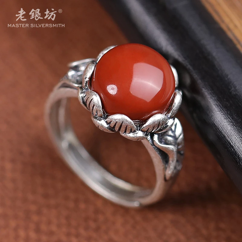 【老银坊】s925银复古玛瑙莲花戒指 0031236