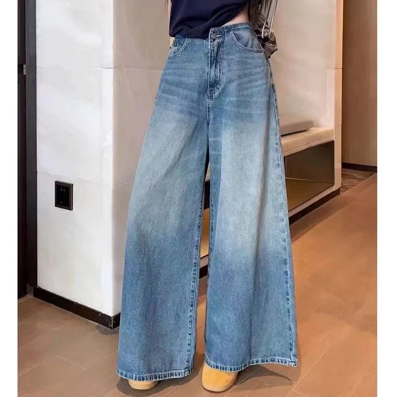 复古蓝阔腿直筒牛仔裤女小个子长裤辣妹坠感美式直筒休闲拖地长裤