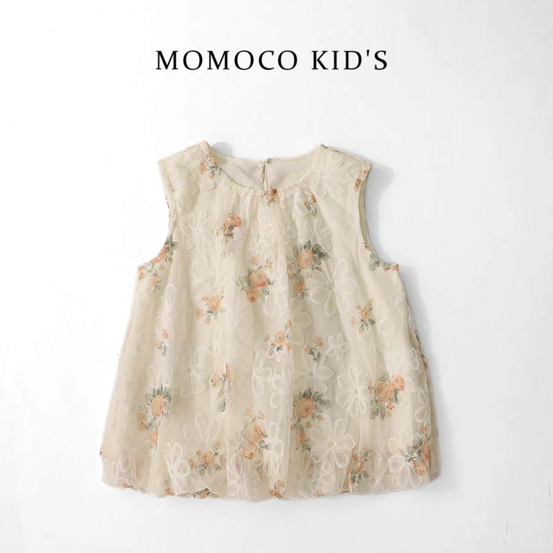 MOMOCO夏季女童无袖背心T恤花朵刺绣儿童新款短袖上衣75680233002
