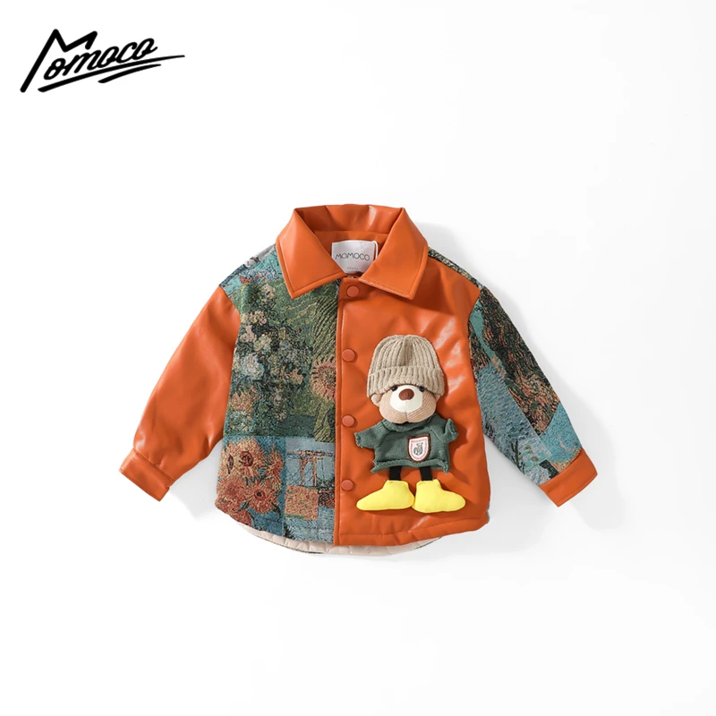 MOMOCO冬季新款男童潮流拼接皮加棉休闲外套75430107045