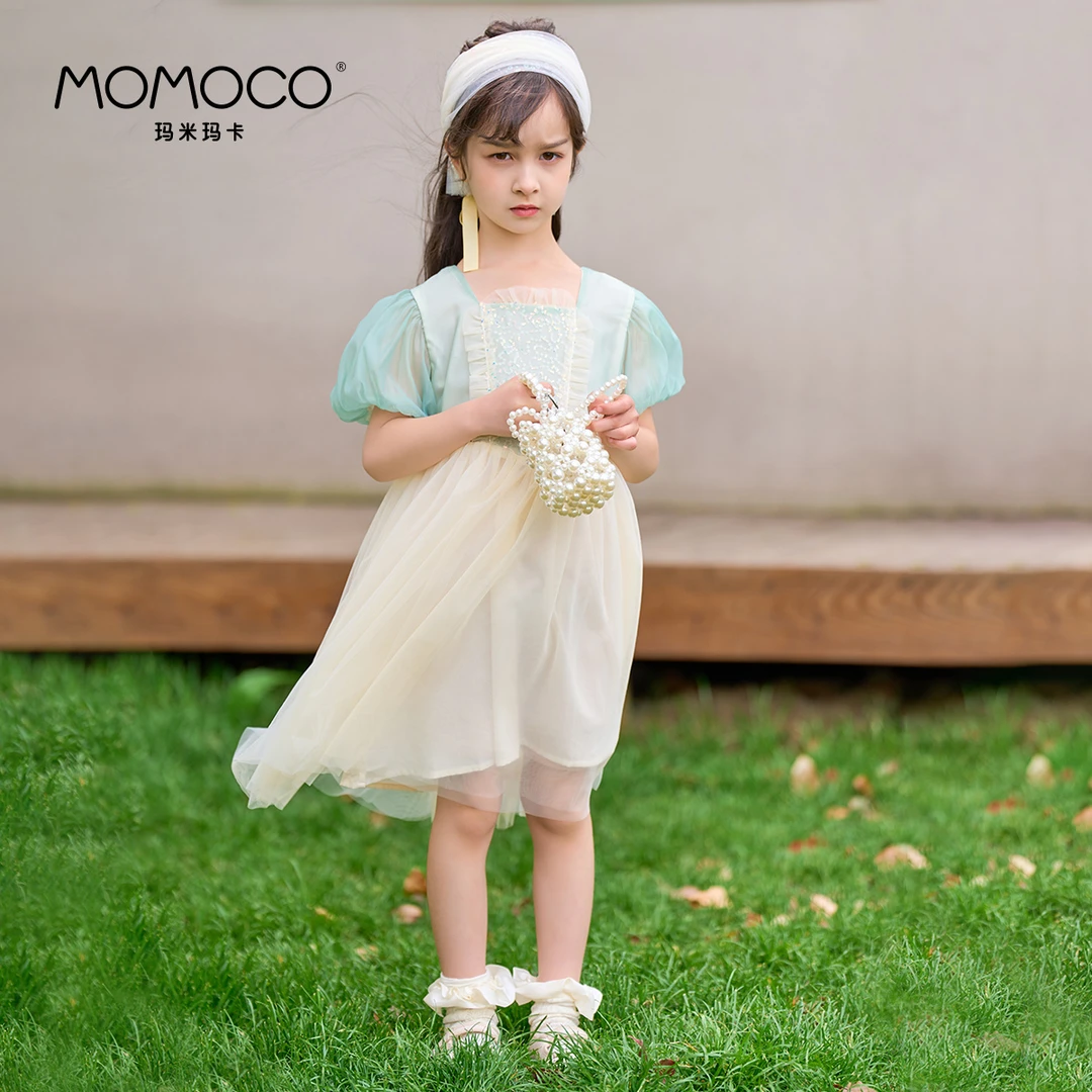 MOMOCO夏女中大童拼色亮片拼纱女童古风女孩连衣裙76630471016