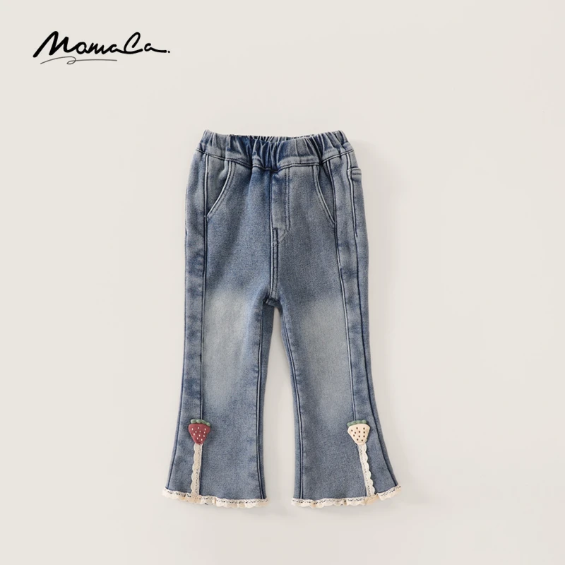 MOMOCO冬季新款女童甜美花边加绒牛仔裤75830350022