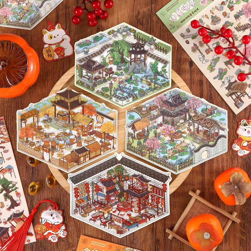 热款春夏秋冬四季系列造景手工贴纸新年国风3d立体小屋diy贴纸