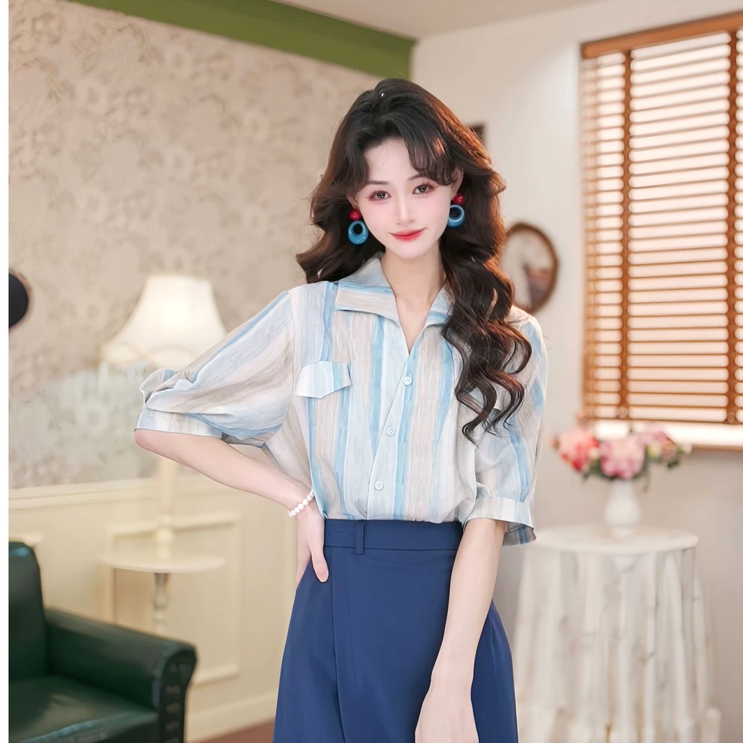 陈乔一【彩虹山楂】港风复古拼色短袖衬衫宽松百搭上衣FK0524354