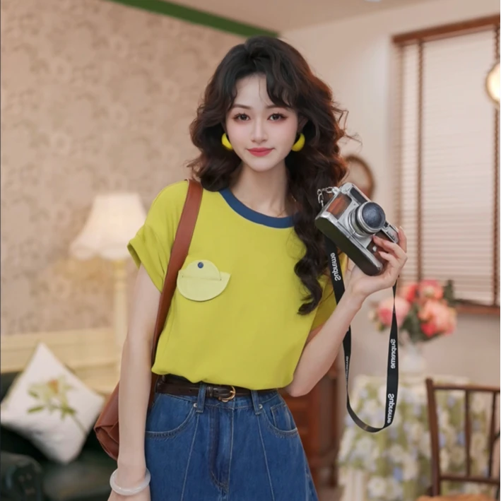 陈乔一【抹茶千层酥】港风复古拼色无袖T恤女宽松显瘦上衣FS062489