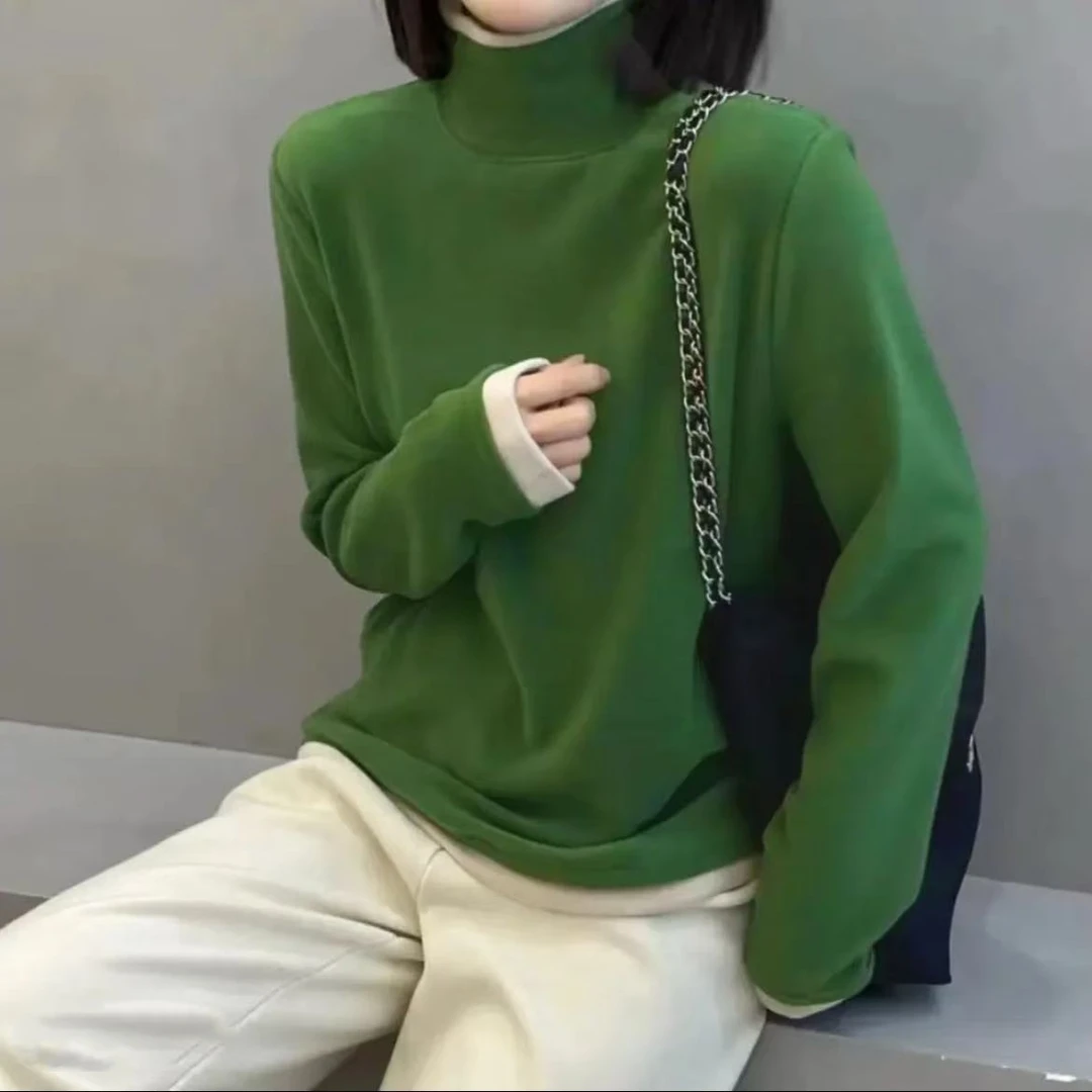 2024秋冬季新品时尚百搭修身显瘦加绒加厚纯色打底女士上衣7742