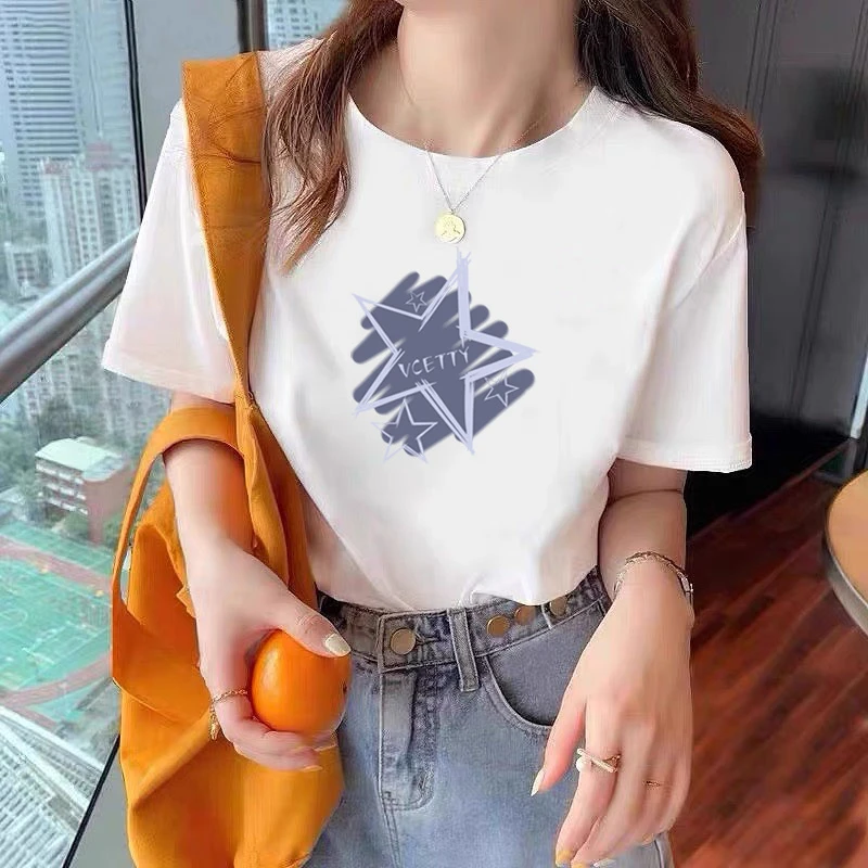 2024潮款上衣女新款纯棉短袖百搭女t恤圆领打底衫显瘦印花半袖