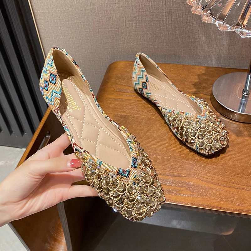 方头单鞋2024新款秋季民族风时尚水钻浅口仙女鞋平底鞋