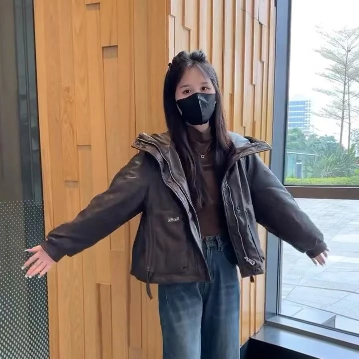 6727黑色连帽皮夹克女2024秋冬季新款韩版加绒加厚百搭pu皮衣外套