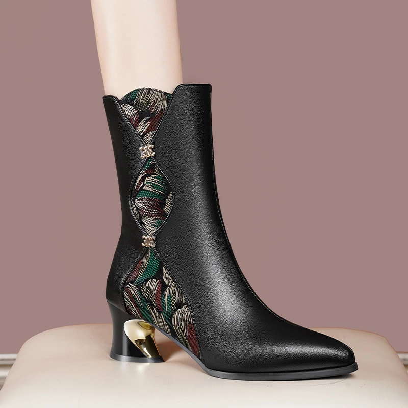 时尚真软皮粗跟尖头秋冬女靴女鞋中老年妈妈新款靴子百搭复古中跟