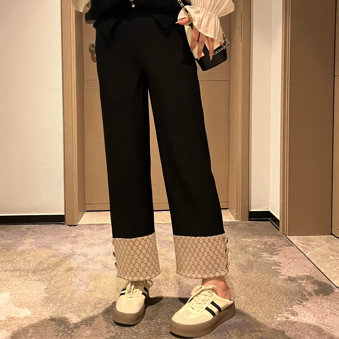 楠序源子大码女装 显瘦窄版直筒裤黑色黑色休闲裤女YZ10227