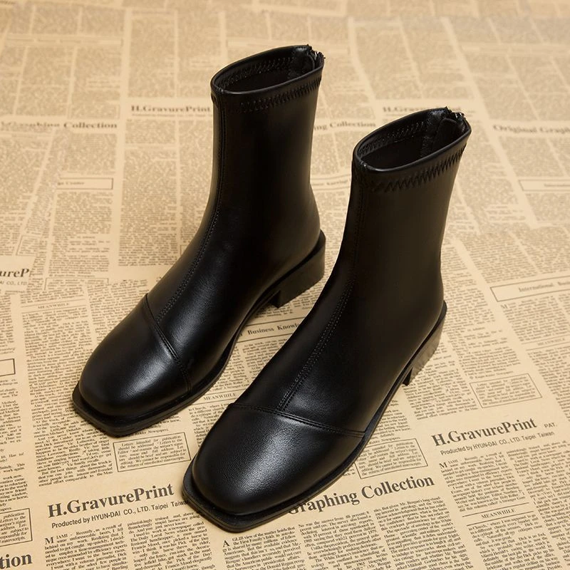 2022爆款早秋短靴女中跟韩式方头裸靴秋冬百搭女鞋粗跟加绒马丁靴