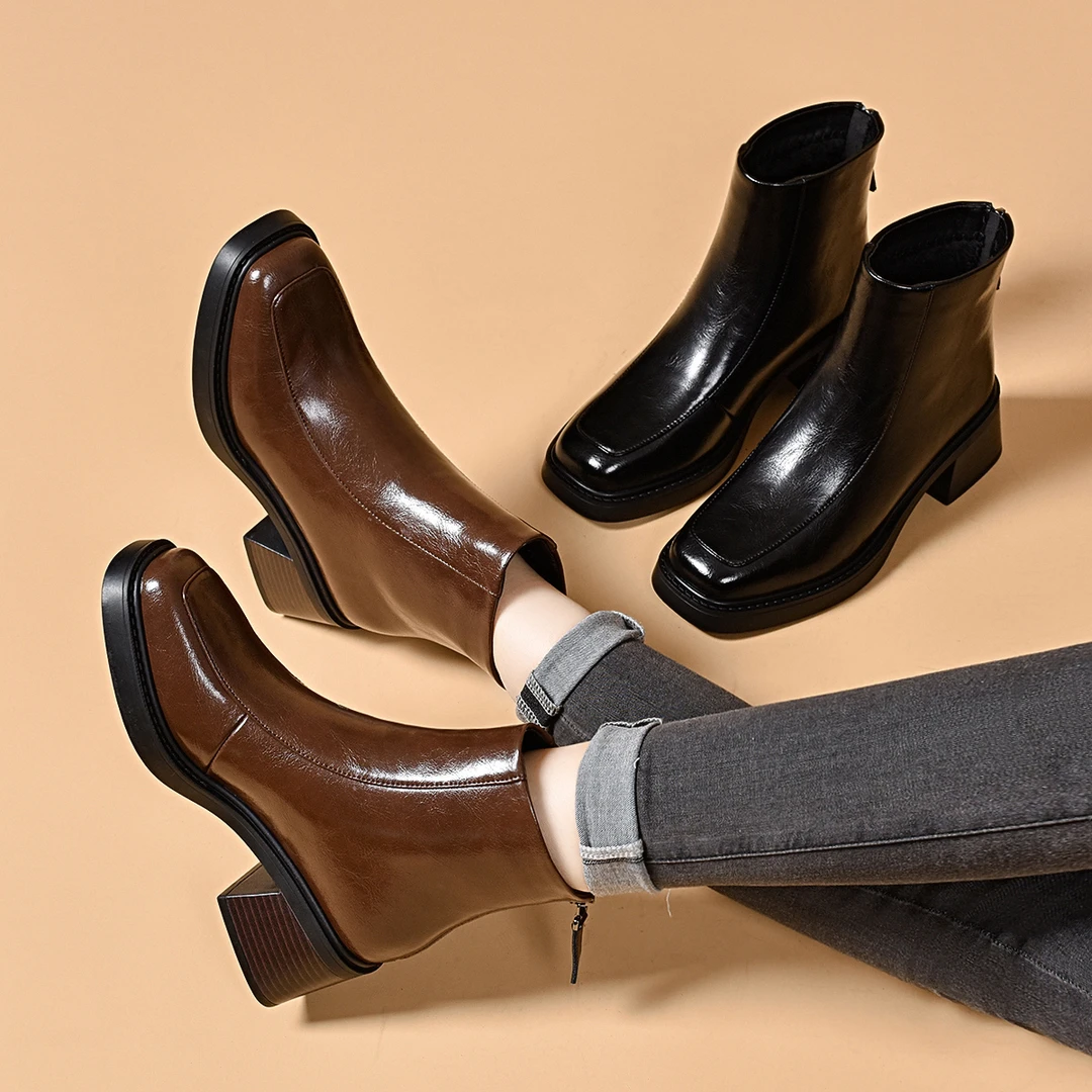 2024新款秋冬方头短靴女真皮粗跟皮鞋春秋英伦风踝靴加绒切尔西靴